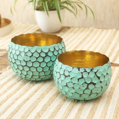 Alternate image for Copper Decorative Bowls with Antiqued Exterior Pair Twin Green