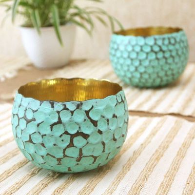 Alternate image for Copper Decorative Bowls with Antiqued Exterior Pair Twin Green