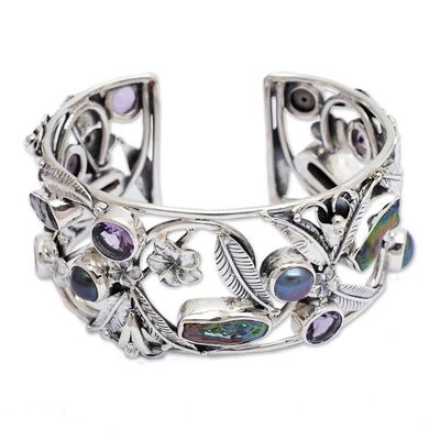 Alternate image for Pearl and Amethyst Sterling Silver Cuff Bracelet Tropical Frangipani