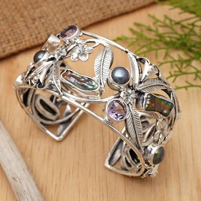 Alternate image for Pearl and Amethyst Sterling Silver Cuff Bracelet Tropical Frangipani