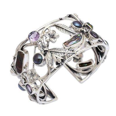 Alternate image for Pearl and Amethyst Sterling Silver Cuff Bracelet Tropical Frangipani