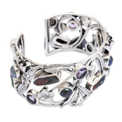 Alternate image for Pearl and Amethyst Sterling Silver Cuff Bracelet Tropical Frangipani