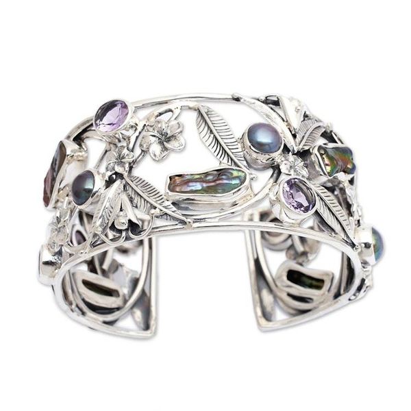 Alternate image for Pearl and Amethyst Sterling Silver Cuff Bracelet Tropical Frangipani