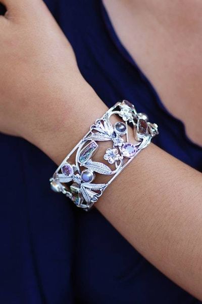 Alternate image for Pearl and Amethyst Sterling Silver Cuff Bracelet Tropical Frangipani