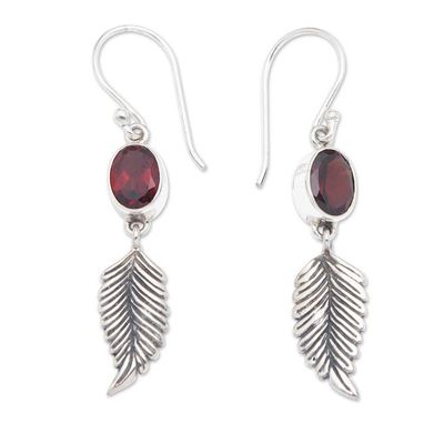 Alternate image for Balinese 925 Sterling Silver Feather Earrings with Garnet Passionate Hope
