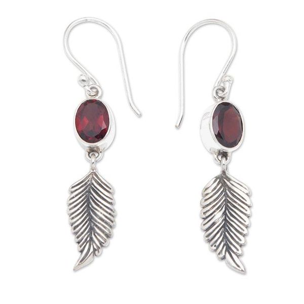 Alternate image for Balinese 925 Sterling Silver Feather Earrings with Garnet Passionate Hope