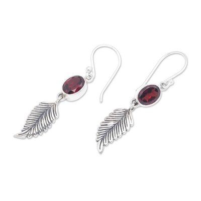 Alternate image for Balinese 925 Sterling Silver Feather Earrings with Garnet Passionate Hope