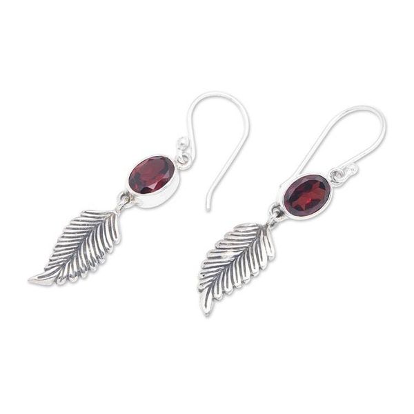 Alternate image for Balinese 925 Sterling Silver Feather Earrings with Garnet Passionate Hope
