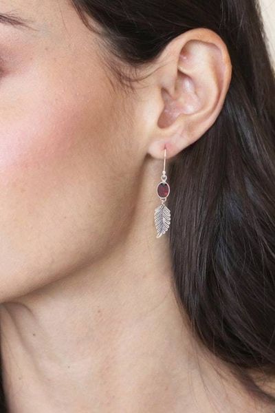 Alternate image for Balinese 925 Sterling Silver Feather Earrings with Garnet Passionate Hope