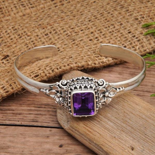 Alternate image for Traditional Floral Two-Carat Faceted Amethyst Cuff Bracelet Purple Deity