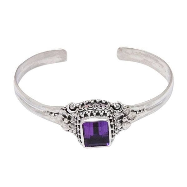 Alternate image for Traditional Floral Two-Carat Faceted Amethyst Cuff Bracelet Purple Deity