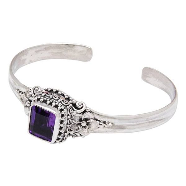 Alternate image for Traditional Floral Two-Carat Faceted Amethyst Cuff Bracelet Purple Deity