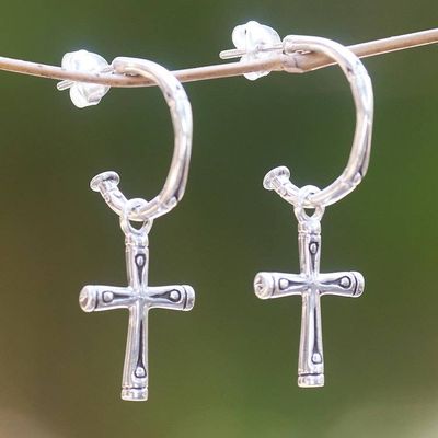 Alternate image for Sterling Silver Balinese Bamboo Motif Cross Earrings Bamboo Cross