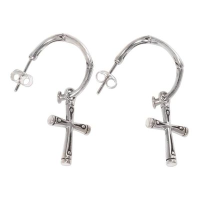 Alternate image for Sterling Silver Balinese Bamboo Motif Cross Earrings Bamboo Cross