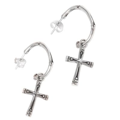 Alternate image for Sterling Silver Balinese Bamboo Motif Cross Earrings Bamboo Cross
