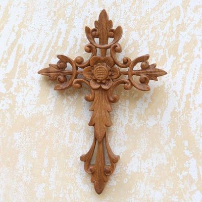 Primary image for Flower Accent Wood Wall Cross Natural Cross