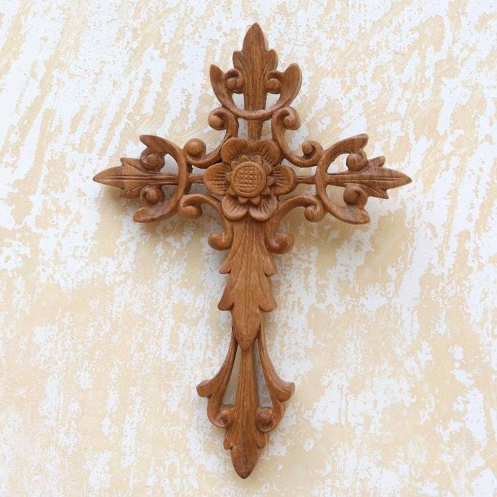 Flower Accent Wood Wall Cross 'Natural Cross'