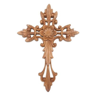 Alternate image for Flower Accent Wood Wall Cross Natural Cross