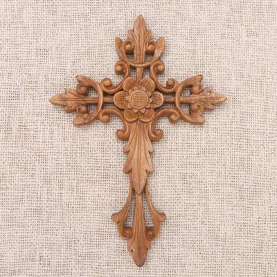Alternate image for Flower Accent Wood Wall Cross Natural Cross