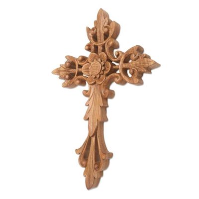 Alternate image for Flower Accent Wood Wall Cross Natural Cross