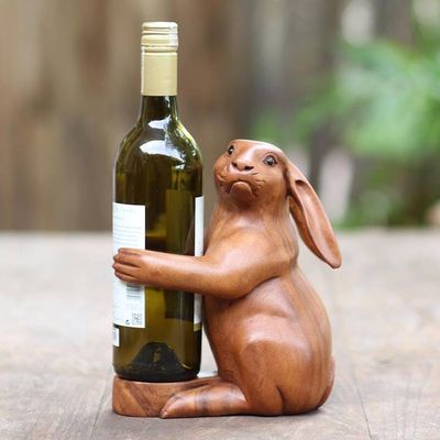 Primary image for Hand Crafted Suar Wood Rabbit Wine Holder Bunny Hug