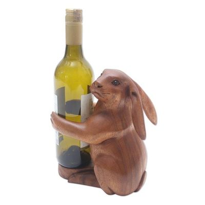 Alternate image for Hand Crafted Suar Wood Rabbit Wine Holder Bunny Hug