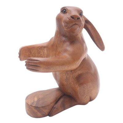 Alternate image for Hand Crafted Suar Wood Rabbit Wine Holder Bunny Hug