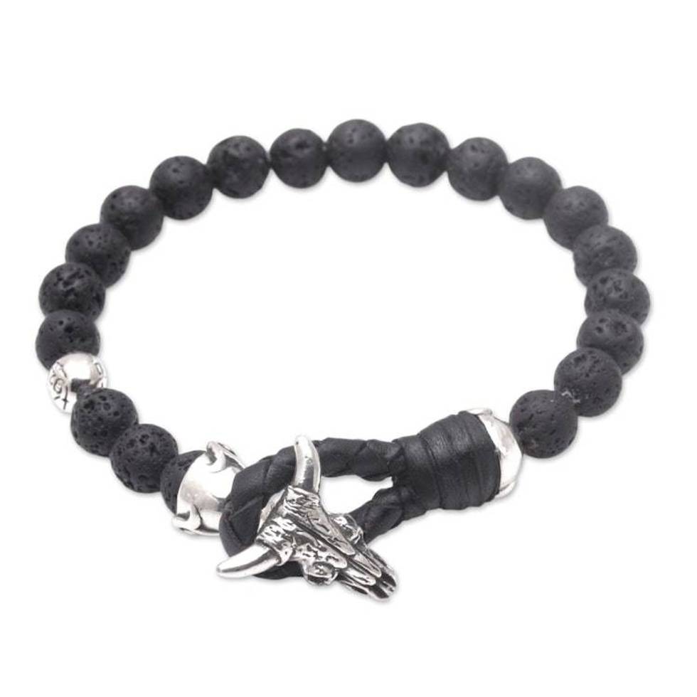 Lava Rock Beaded Bracelet with Sterling Silver Buffalo 'Rugged Power'