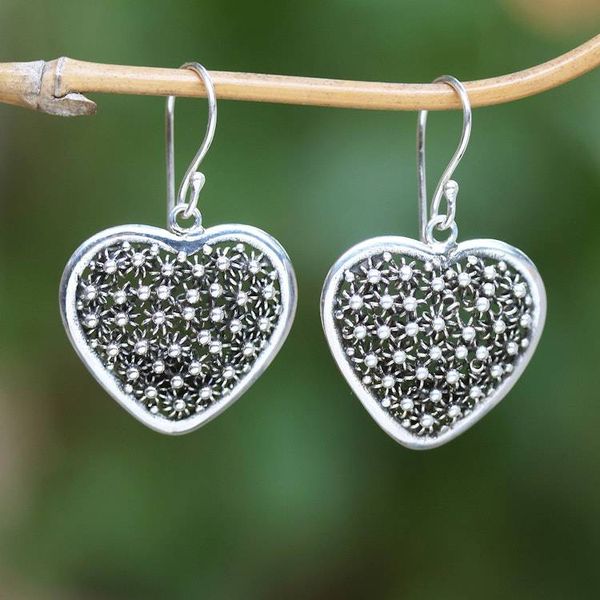 Alternate image for Hand Made Sterling Silver Dangle Earrings Heart Indonesia Spangled Hearts
