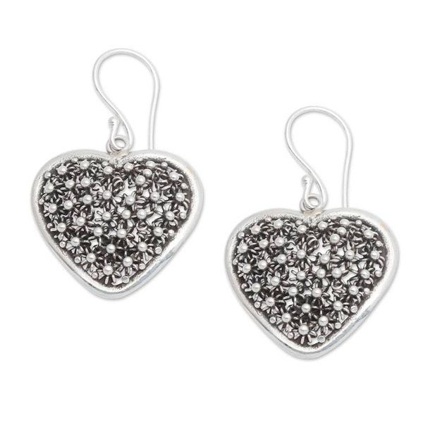 Alternate image for Hand Made Sterling Silver Dangle Earrings Heart Indonesia Spangled Hearts