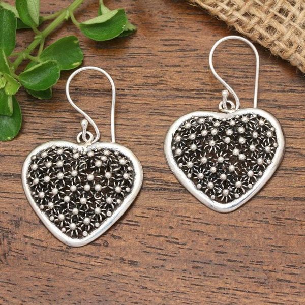 Alternate image for Hand Made Sterling Silver Dangle Earrings Heart Indonesia Spangled Hearts