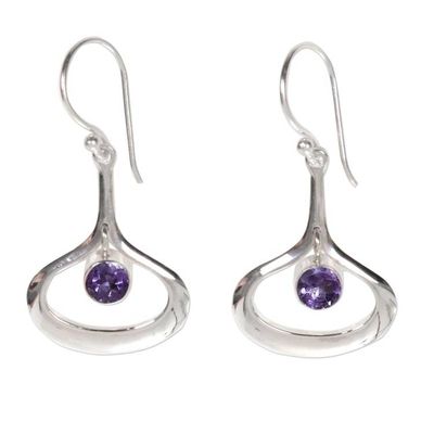 Alternate image for Modern Minimalist Silver Dangle Earrings with Amethyst Raindrops