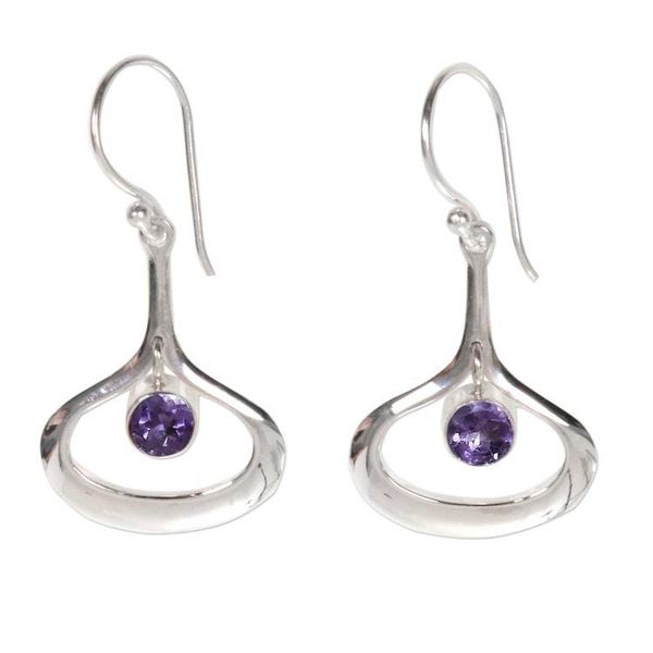 Alternate image for Modern Minimalist Silver Dangle Earrings with Amethyst Raindrops