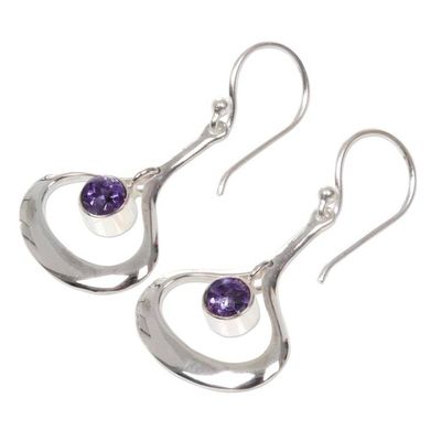 Alternate image for Modern Minimalist Silver Dangle Earrings with Amethyst Raindrops