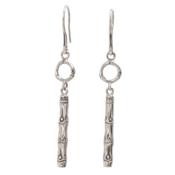 Alternate image for Engraved Bamboo Motif 925 Sterling Silver Dangle Earrings Bamboo Stalk