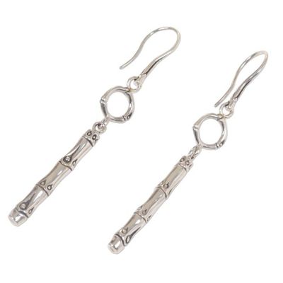 Alternate image for Engraved Bamboo Motif 925 Sterling Silver Dangle Earrings Bamboo Stalk