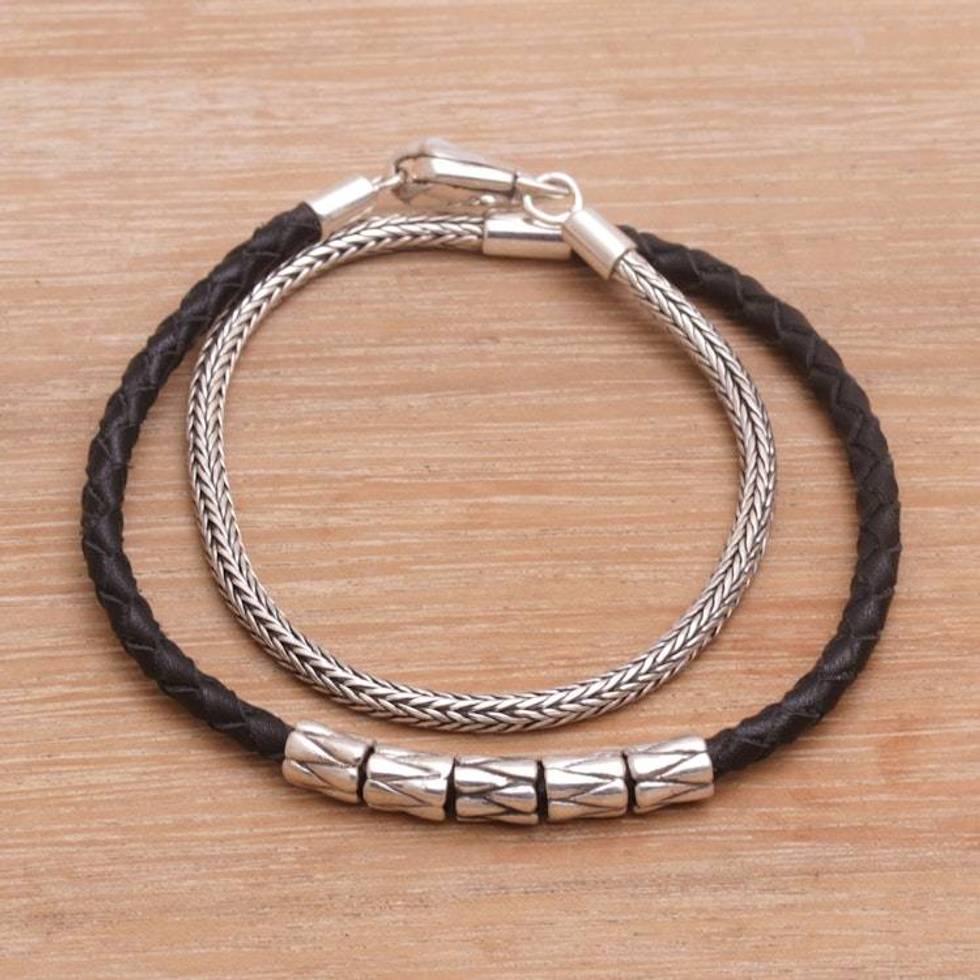 Handmade Black Leather and Sterling Silver Wrap Bracelet 'Dual Power in Black'