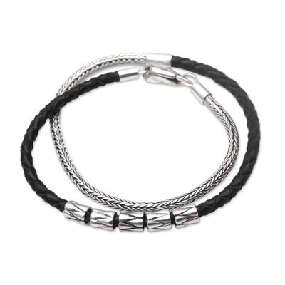 Alternate image for Handmade Black Leather and Sterling Silver Wrap Bracelet Dual Power in Black