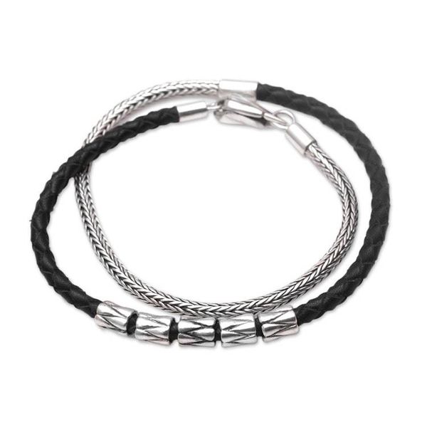 Alternate image for Handmade Black Leather and Sterling Silver Wrap Bracelet Dual Power in Black