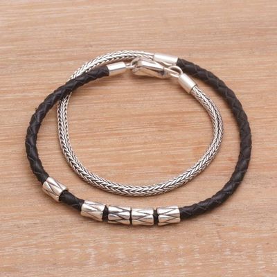 Alternate image for Handmade Black Leather and Sterling Silver Wrap Bracelet Dual Power in Black