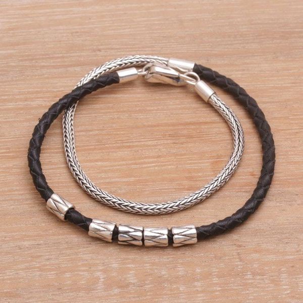 Alternate image for Handmade Black Leather and Sterling Silver Wrap Bracelet Dual Power in Black