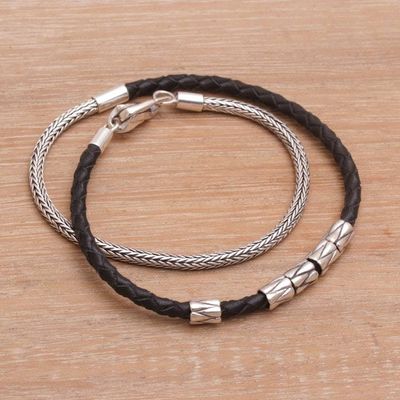 Alternate image for Handmade Black Leather and Sterling Silver Wrap Bracelet Dual Power in Black