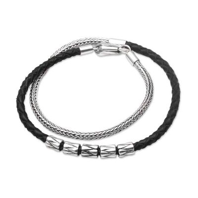 Alternate image for Handmade Black Leather and Sterling Silver Wrap Bracelet Dual Power in Black