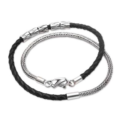 Alternate image for Handmade Black Leather and Sterling Silver Wrap Bracelet Dual Power in Black
