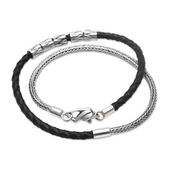 Alternate image for Handmade Black Leather and Sterling Silver Wrap Bracelet Dual Power in Black