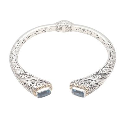 Alternate image for Gold Accented Leaf Pattern Blue Topaz Cuff Bracelet Leafy Oceans