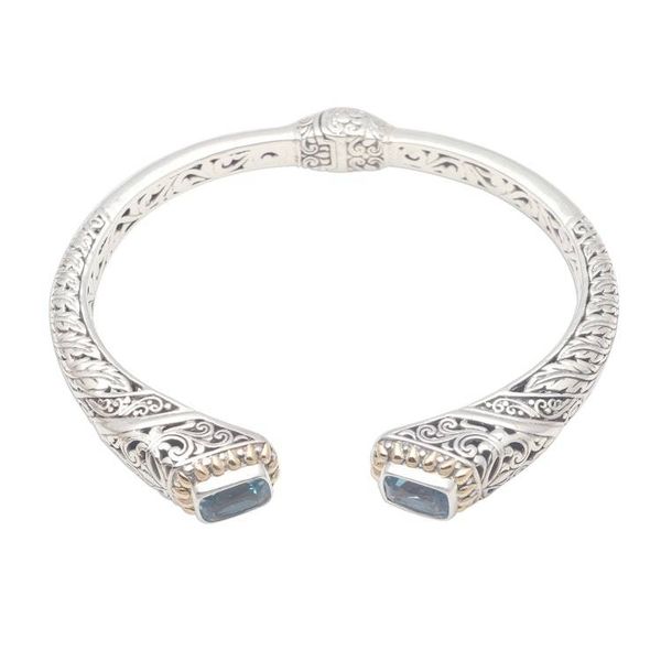 Alternate image for Gold Accented Leaf Pattern Blue Topaz Cuff Bracelet Leafy Oceans
