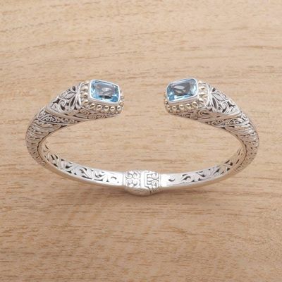 Alternate image for Gold Accented Leaf Pattern Blue Topaz Cuff Bracelet Leafy Oceans