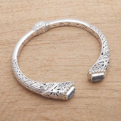 Alternate image for Gold Accented Leaf Pattern Blue Topaz Cuff Bracelet Leafy Oceans