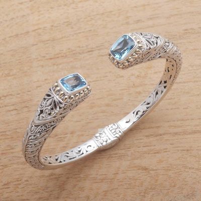 Alternate image for Gold Accented Leaf Pattern Blue Topaz Cuff Bracelet Leafy Oceans